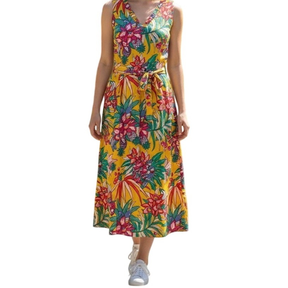 Talbots Midi Dress Womens 8 Yellow Tropical Parrot Floral Clip Dot Belted V-Neck